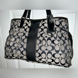 Coach Signature Stripe Drawstring Black Grey Canvas Shoulder Bag